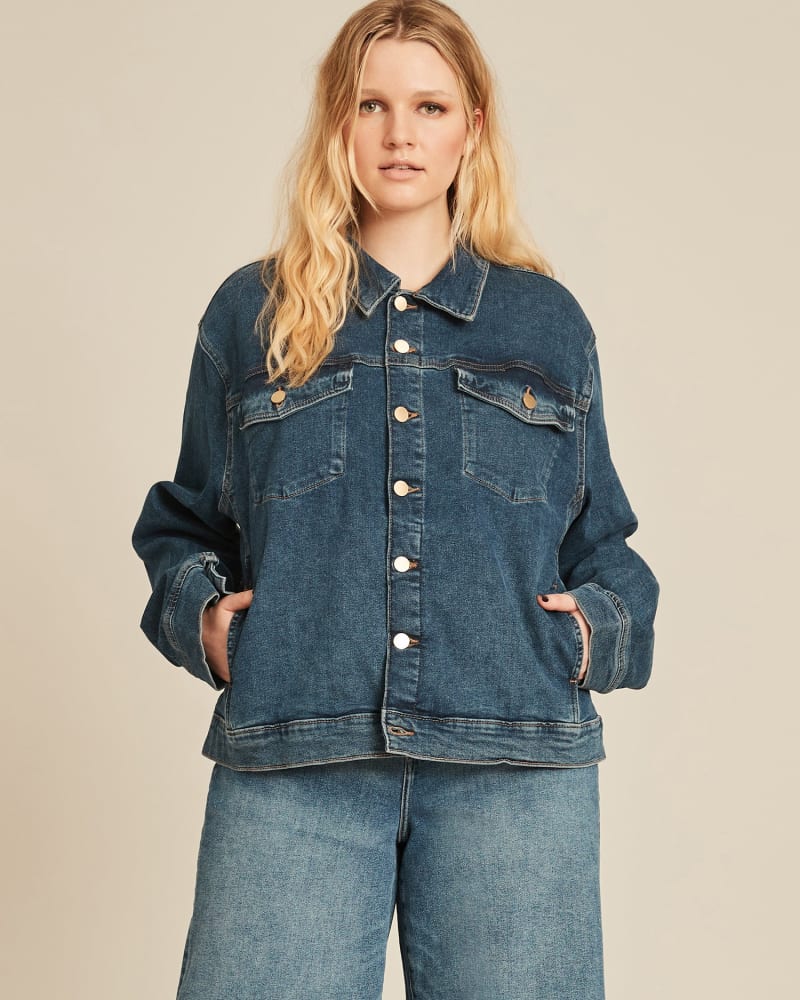 Front of a model wearing a size 2X Vika Denim Jacket in BLUE by DL1961. | dia_product_style_image_id:227278
